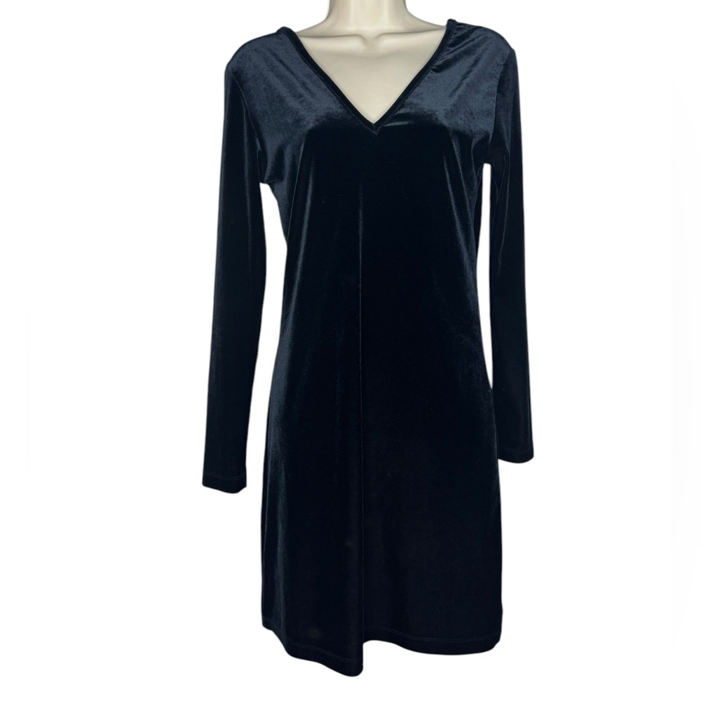 Fredericks of Hollywoods Vtg Velvet V Neck Mini Dress Long Sleeve Goth Black